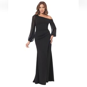 Betsy & Adam Black One-Shoulder Gown with Sheer Bishop Sleeve